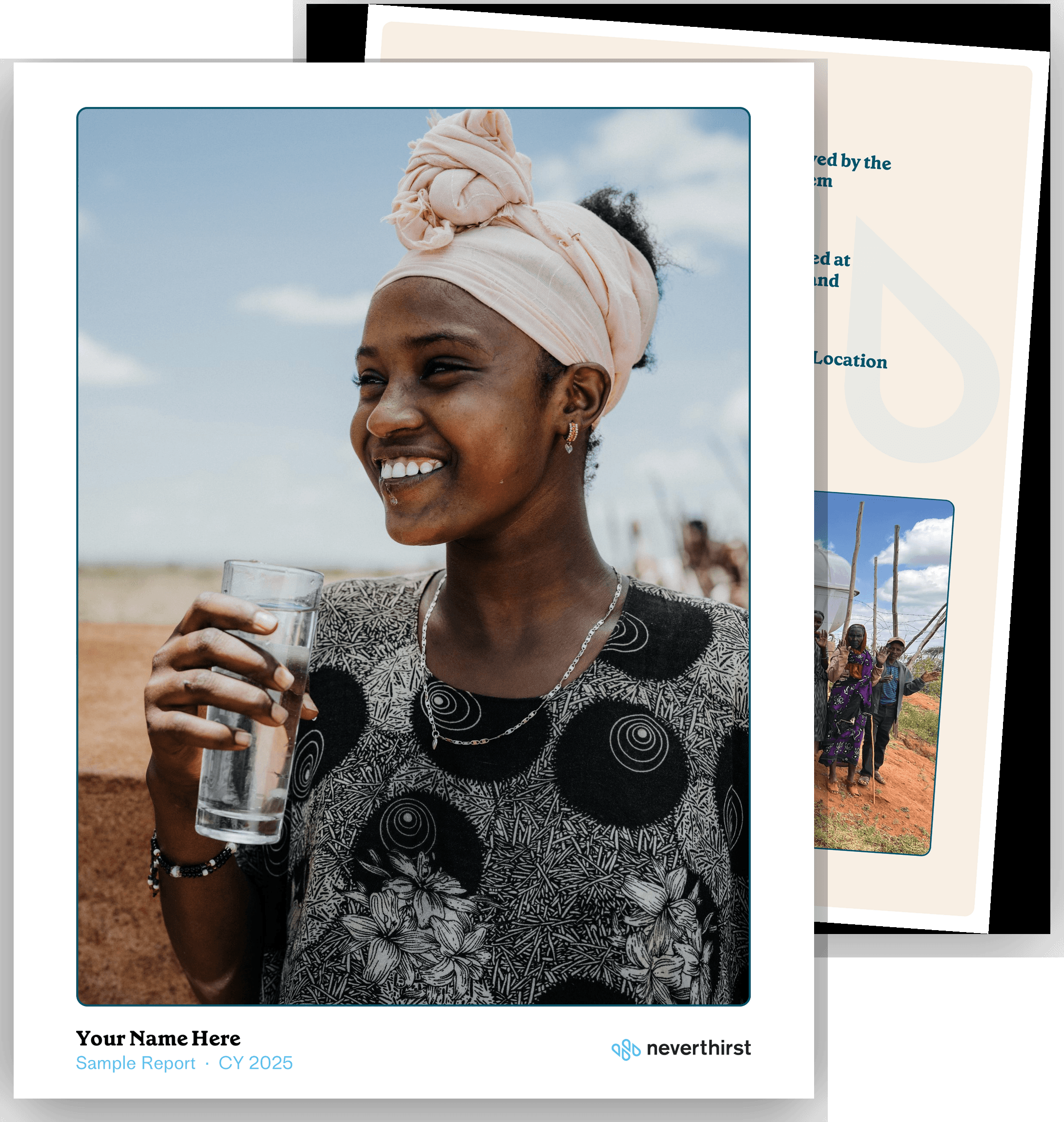 The cover of a neverthirst project report with an inside page behind it